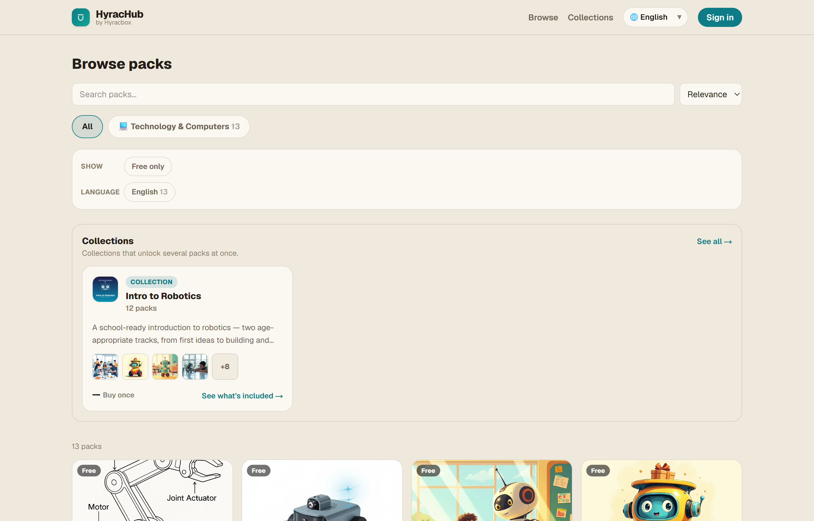 The HyracHub catalogue — real course packs and collections, browsable online and downloadable to learn offline